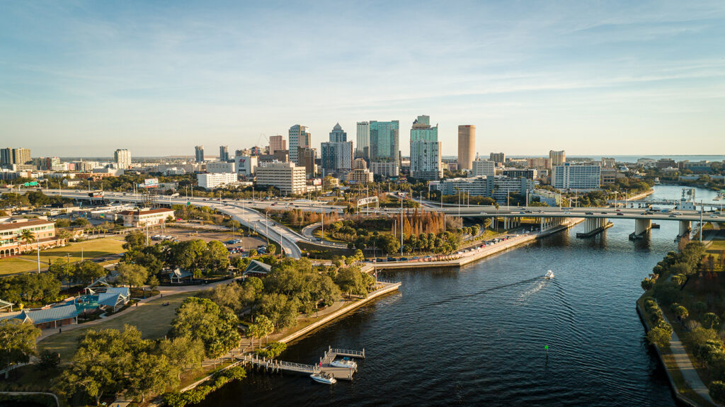 Downtown Tampa in the background with the Hillsborough River and Interstate in the foreground