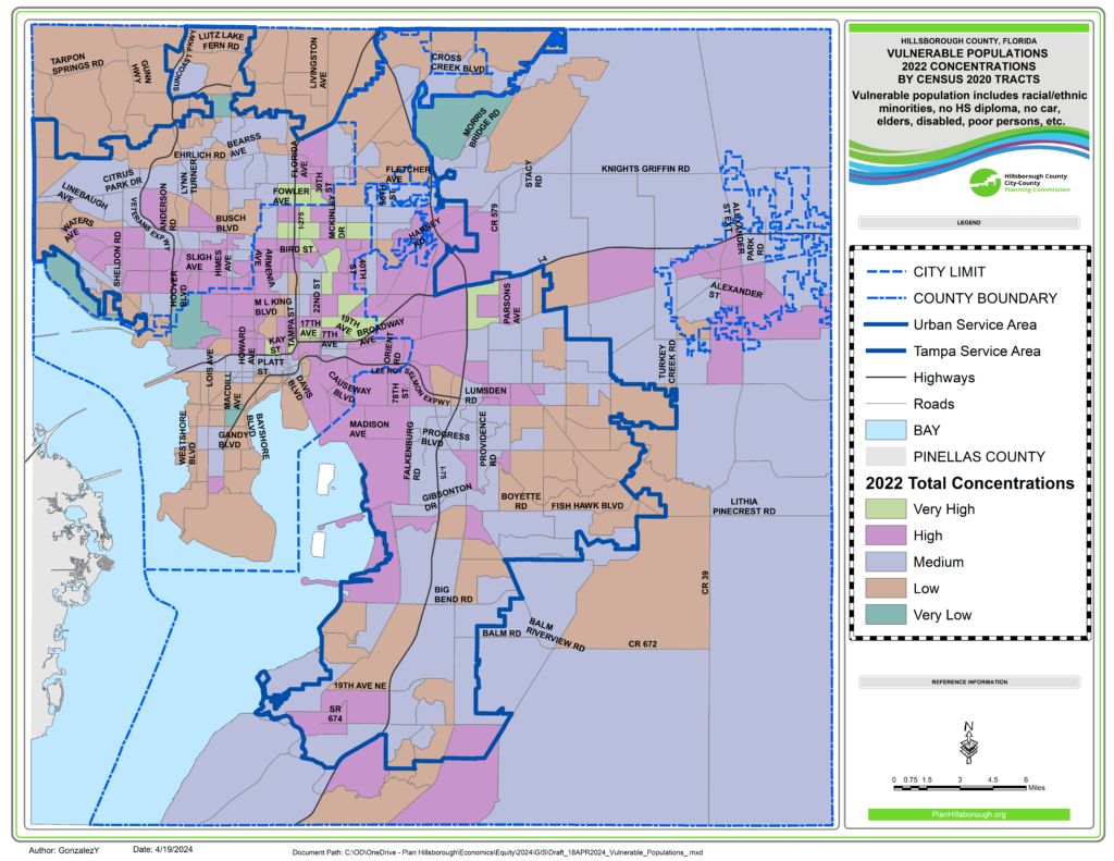 This map shows the concentration of vulnerable populations by Census 2020 Tracts in Hillsborough County. Raw data source: American Community Survey 2022.