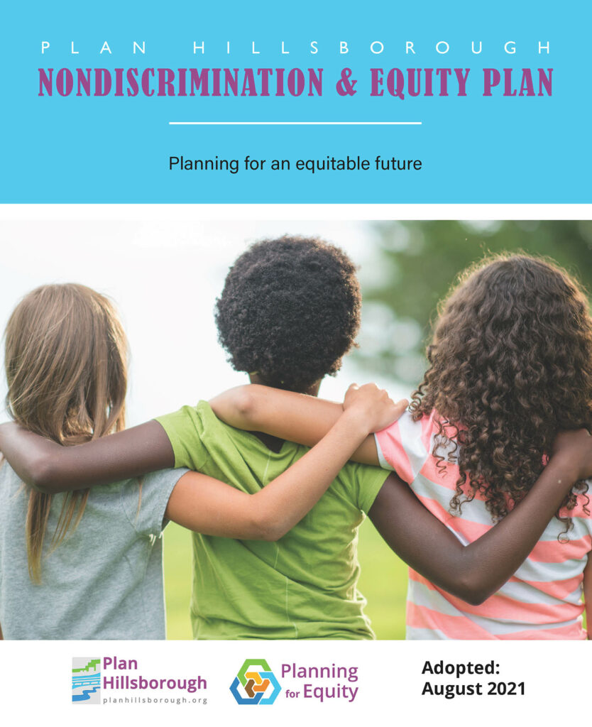 Front page of the Nondiscrimination and Equity Plan.  It shows three children hugging and facing away from the viewer.