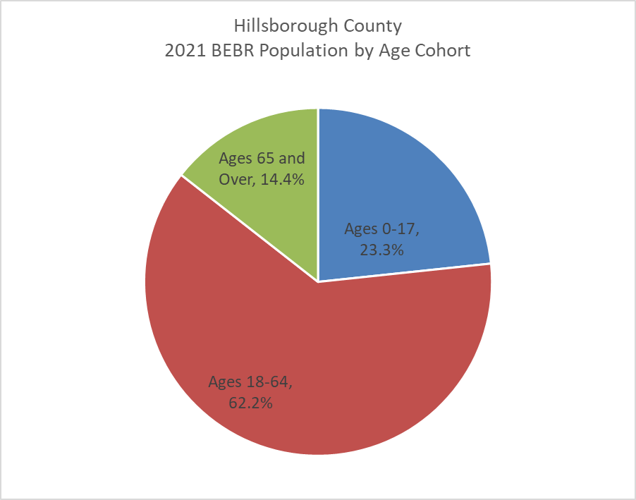 This figure shows share of 2021 population by age cohort for Hillsborough County. In 2021, 62.2% of the Hillsborough County residents were aged 18 to 64 years old.  Retirees were 14.4% of the total population.