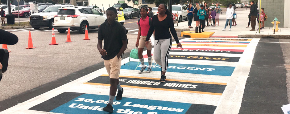 Photo of Tampa Mayor Jane Castor’s inaugural “Crosswalk to Classrooms” unveiled at a press conference to announce the City’s commitment to Vision Zero during the 2019 National Safe Routes to Schools Conference. Crosswalk is located at Rampello Magnet School. 