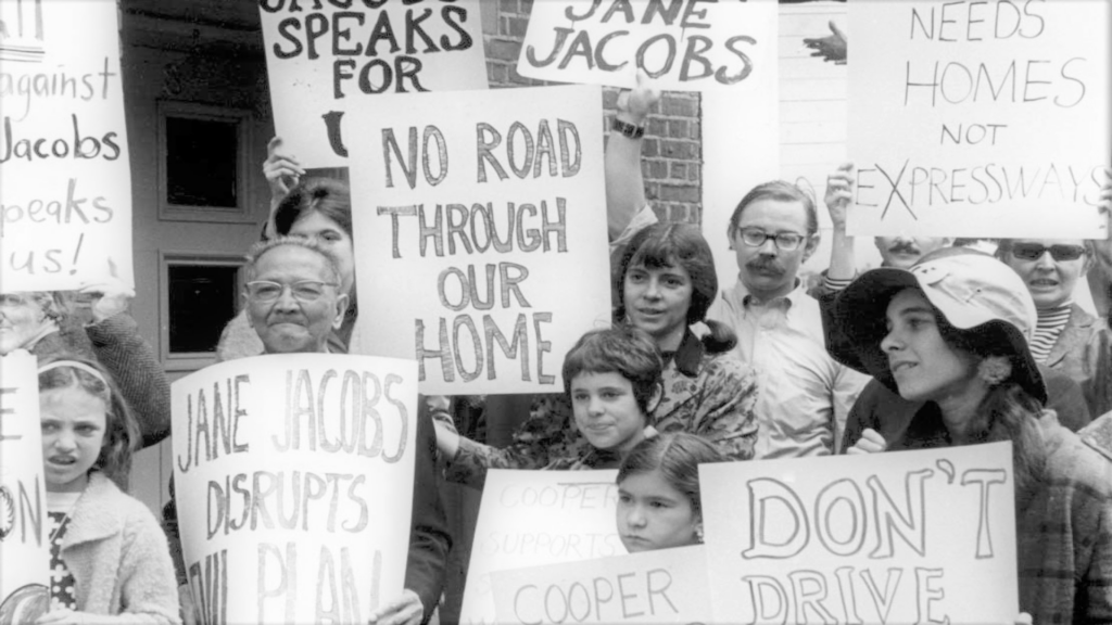 bw photo of jane jacobs protestors