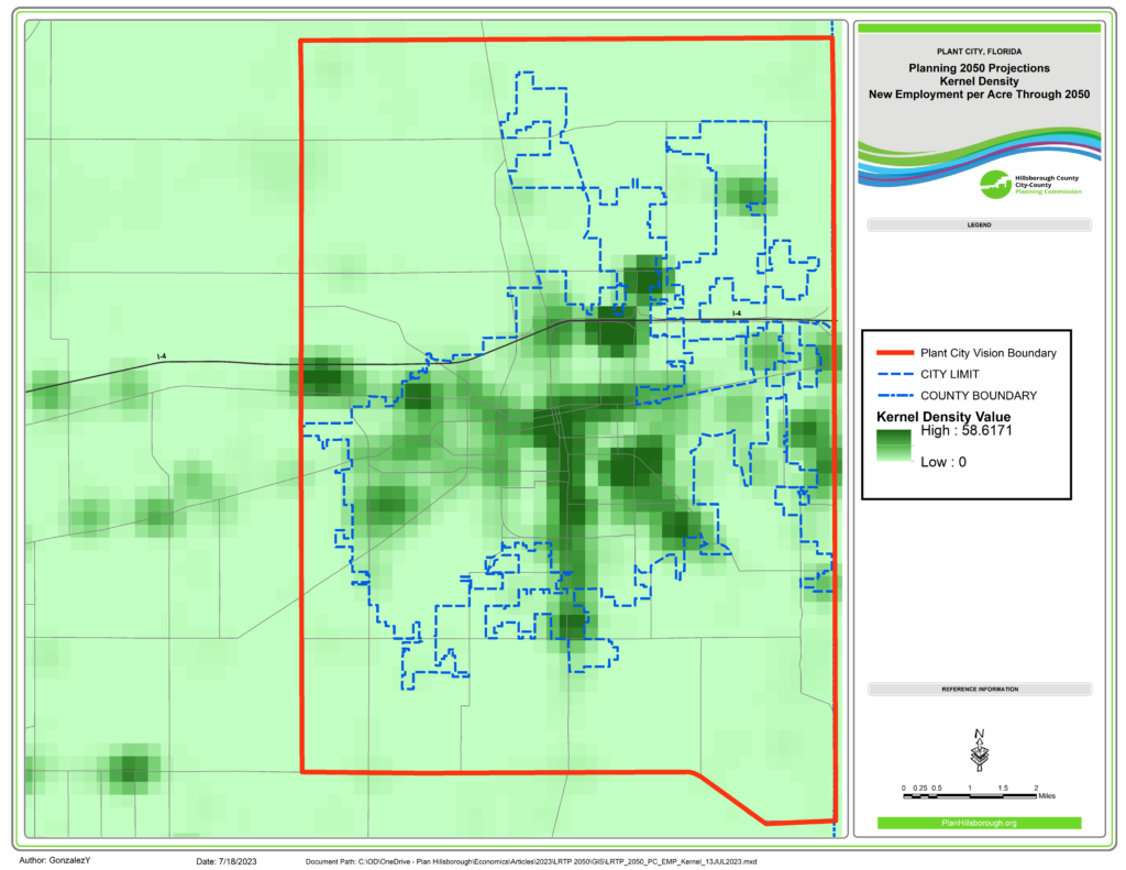 Map shows kernel density of new employment per acre through 2050 for Plant City Vision Boundary. Darker green areas indicate where most new jobs will be located.
