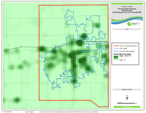 Map shows kernel density of new employment per acre through 2050 for Plant City Vision Boundary. Darker green areas indicate where most new jobs will be located.