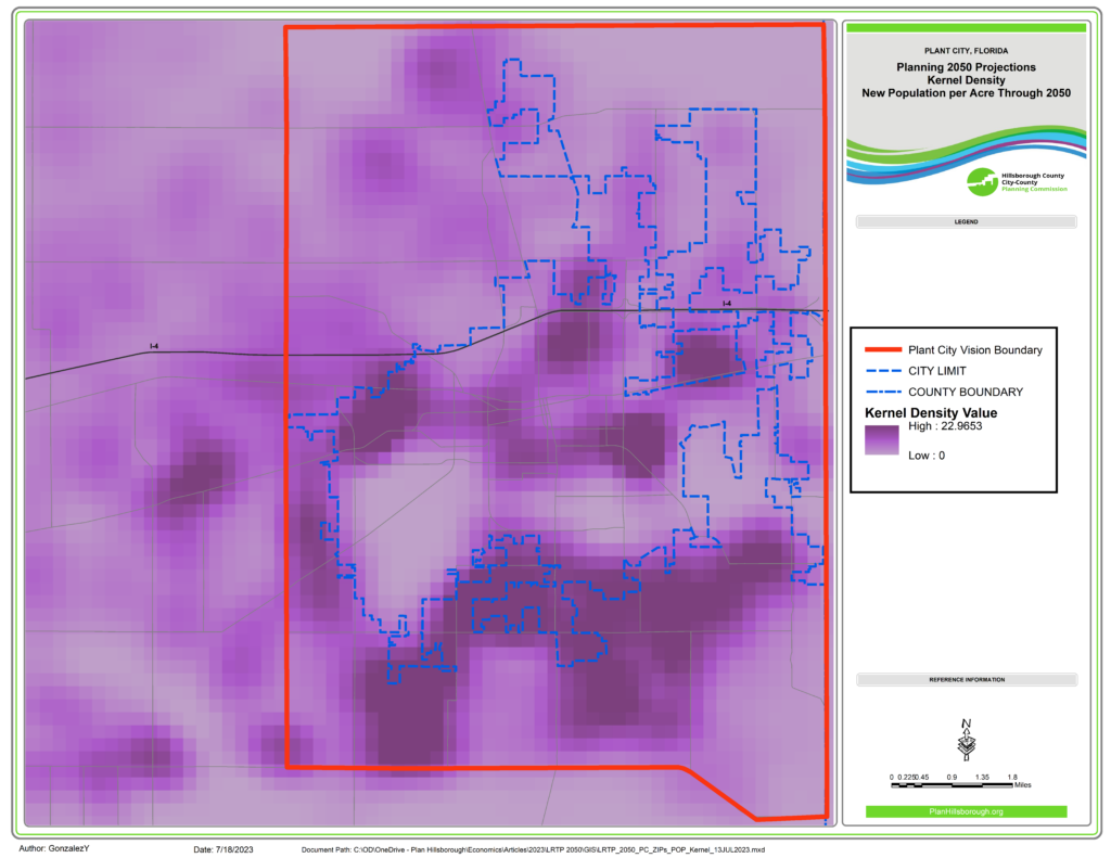 This map shows kernel density for new persons per acre through 2050 for the Plant City Vision Boundary. Most newcomers are expected to move to darker purple areas in Central and South Plant City.
