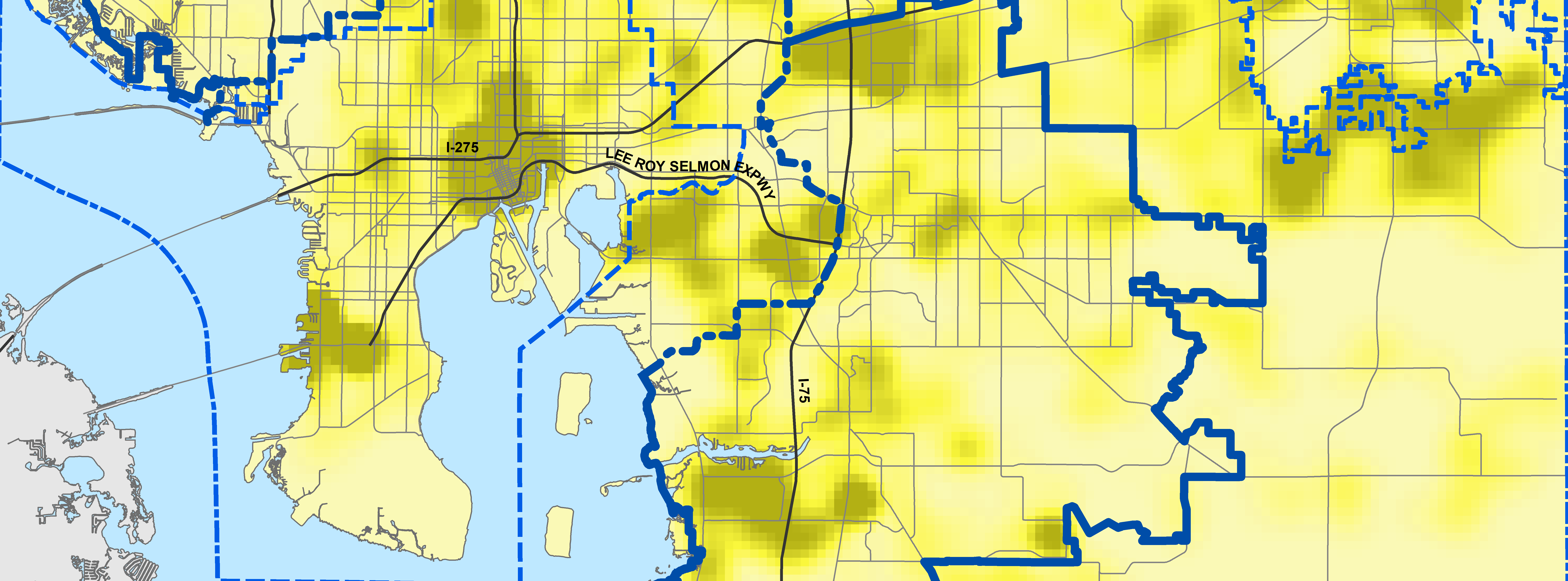 Map shows Kernel Density of new housing units per acre through 2050. Darker yellow means more new housing units.