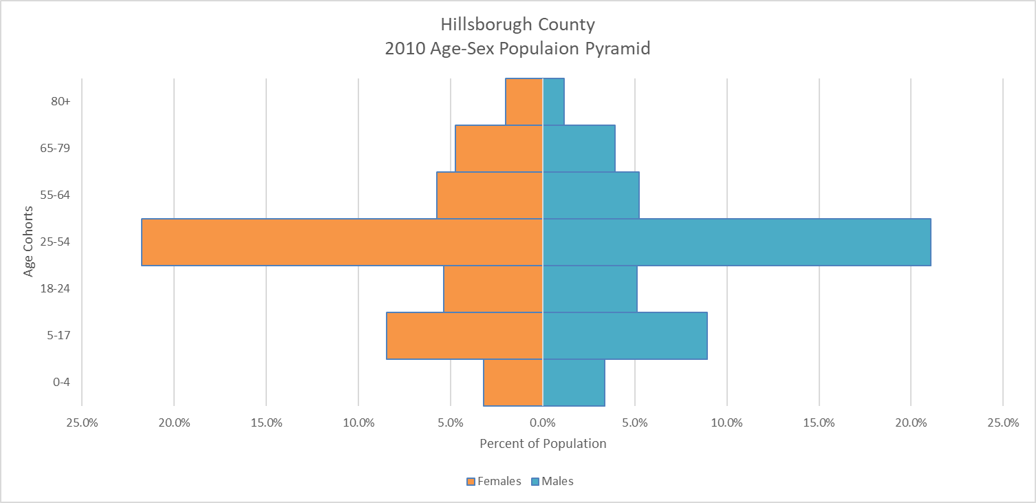 This chart shows a 2010 population pyramid for Hillsborough County. The 2010 population is broken down into 7 age cohorts: Ages 0-4. ages 5-17, ages 18-24, ages 25-54, ages 55-64, ages 65-79, and ages 80+. The largest age cohort (ages 25-54) represent 42.9% of the 2010 population.