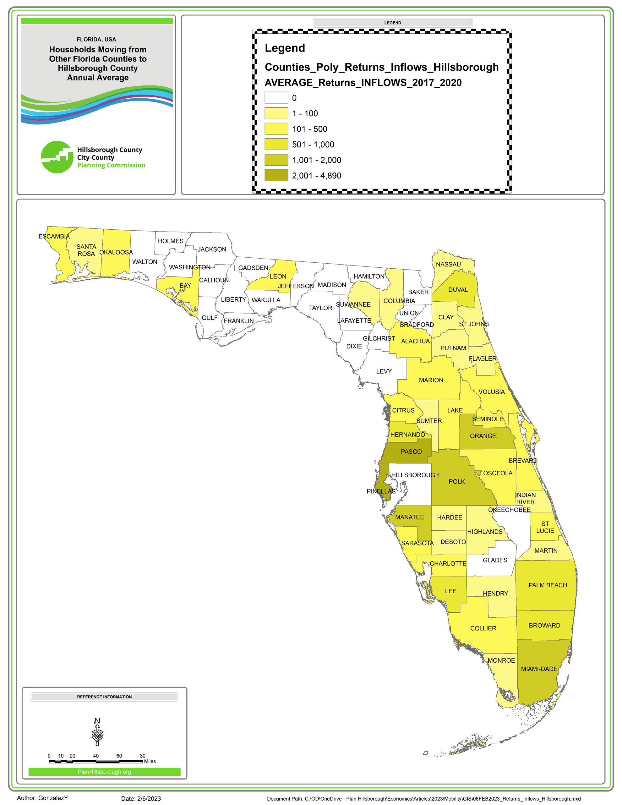 Map shows Florida Counties from which new households moving to Hillsborough County originate.  The counties are classified by the number of new households that move to Hillsborough County from there.  Manatee, Orange, Pasco, Pinellas, and Polk send over 1,000 new households to Hillsborough County yearly.