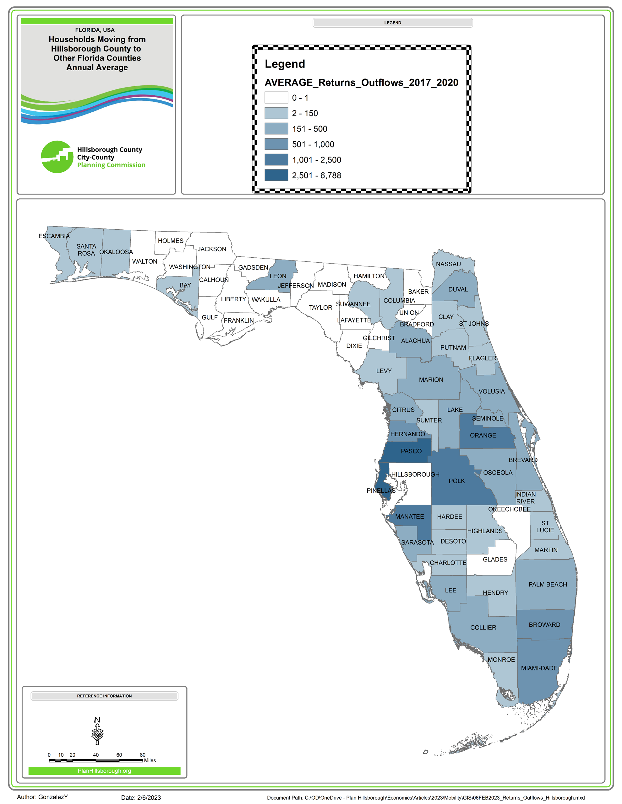 Map shows destination Florida Counties for former Hillsborough County residents.  Manatee, Orange, Pasco, Pinellas, and Polk receive over 1,000 new households from Hillsborough County yearly.