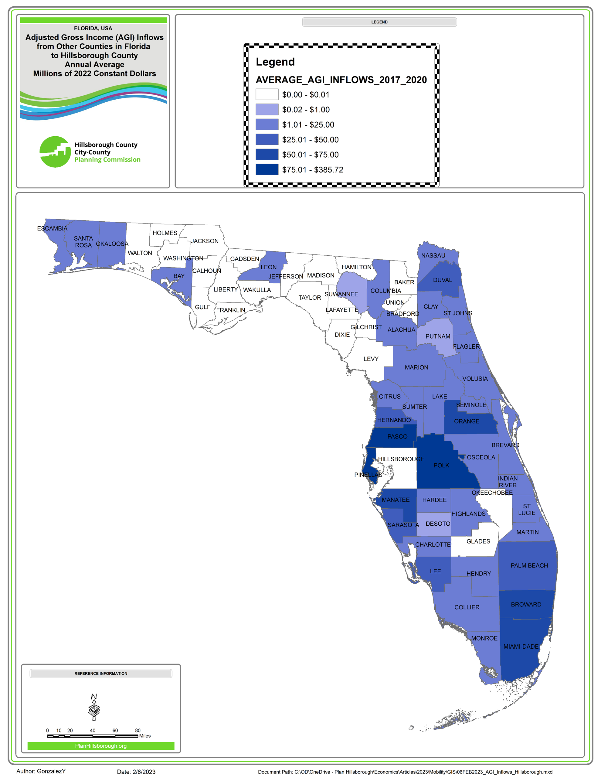 Map shows Florida Counties from which AGI moving to Hillsborough County originate.  The counties are classified by the number of volume of AGI moves to Hillsborough County from there.  Manatee, Orange, Pasco, Pinellas, and Polk send over $50 million to Hillsborough County yearly.