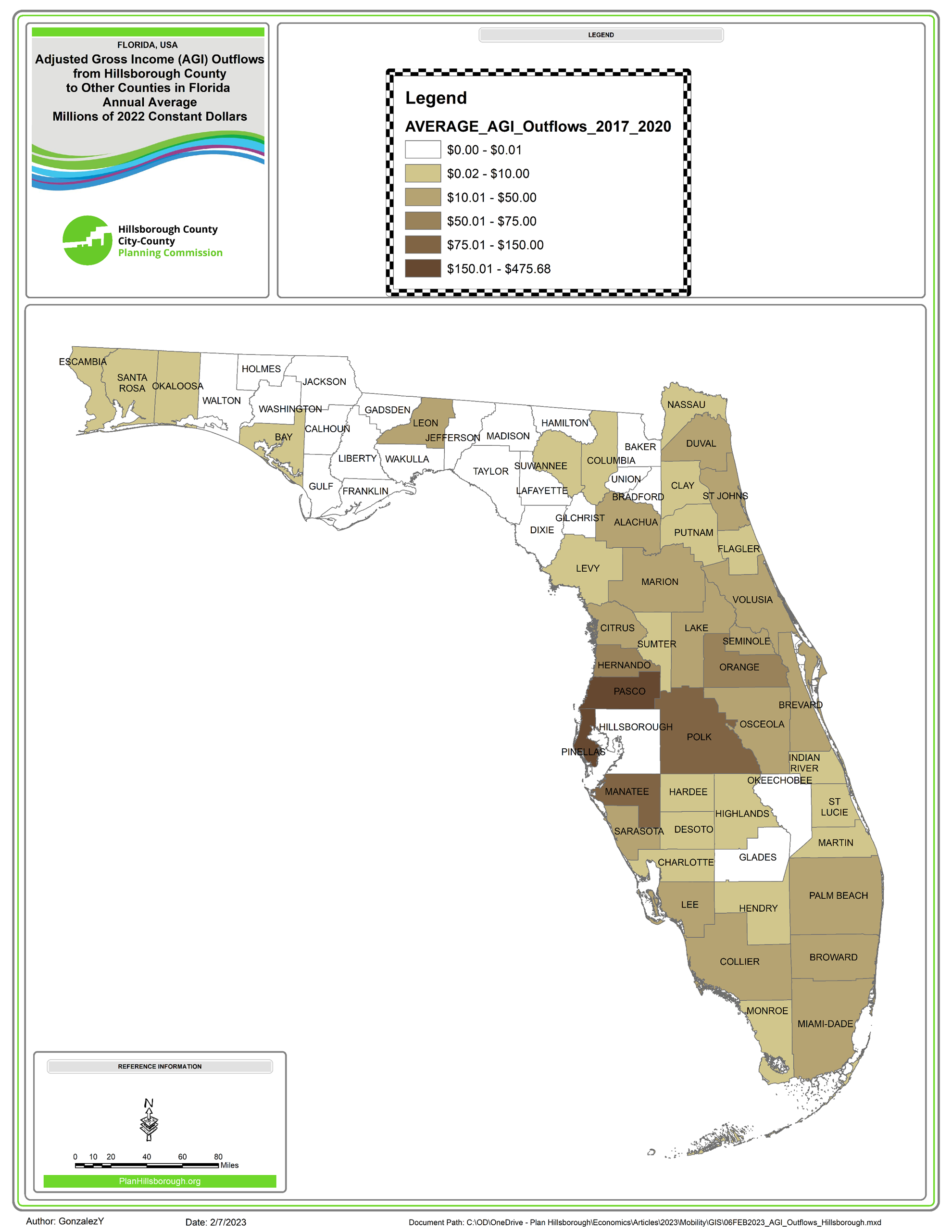 Map shows destination Florida Counties for AGI of former Hillsborough County residents.  Manatee, Pasco, Pinellas, and Polk receive more than $75 million from Hillsborough County yearly.