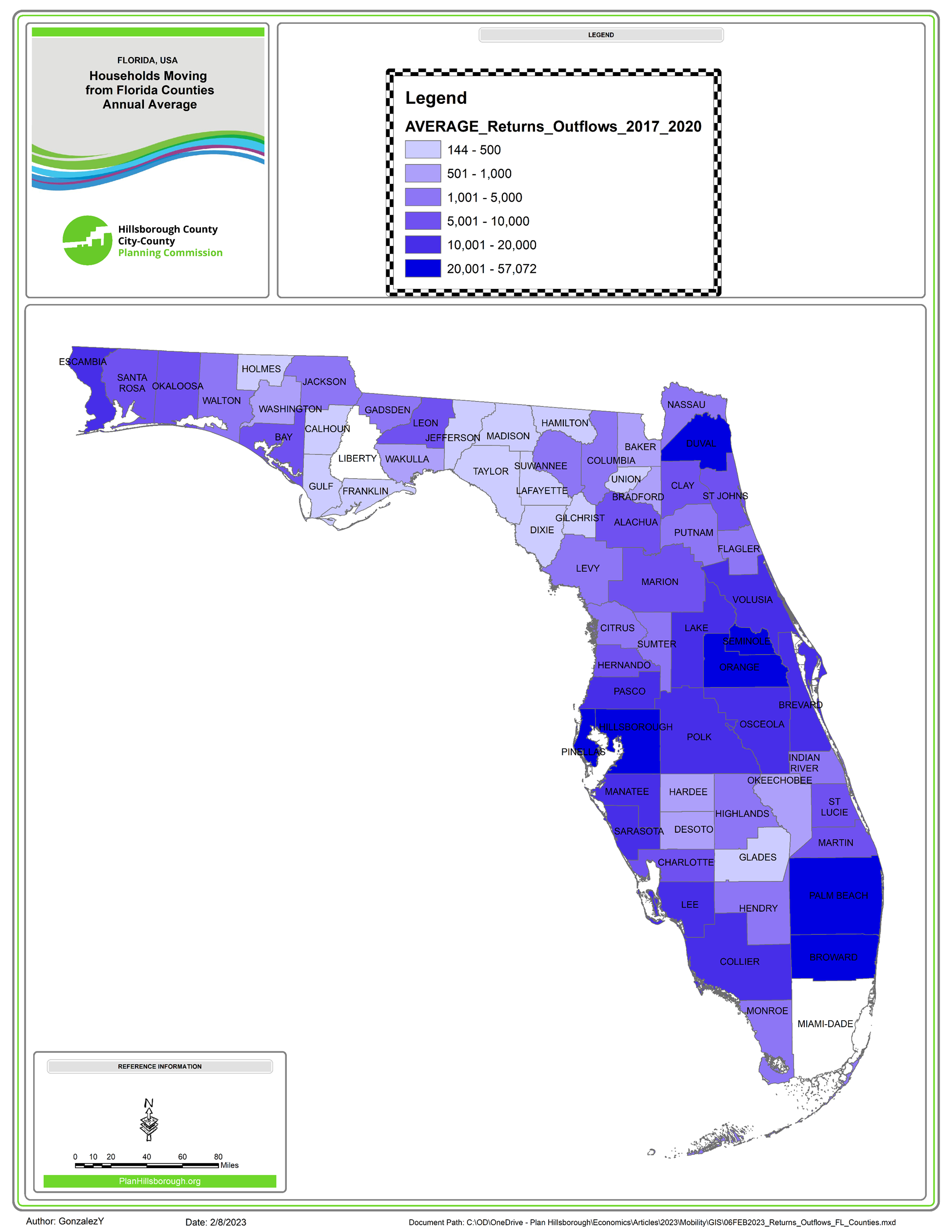 Map shows counties in Florida.  It also indicates how many households are leaving that county to move elsewhere.  Hillsborough and Pinellas Counties are losing over 20,000 households per year.