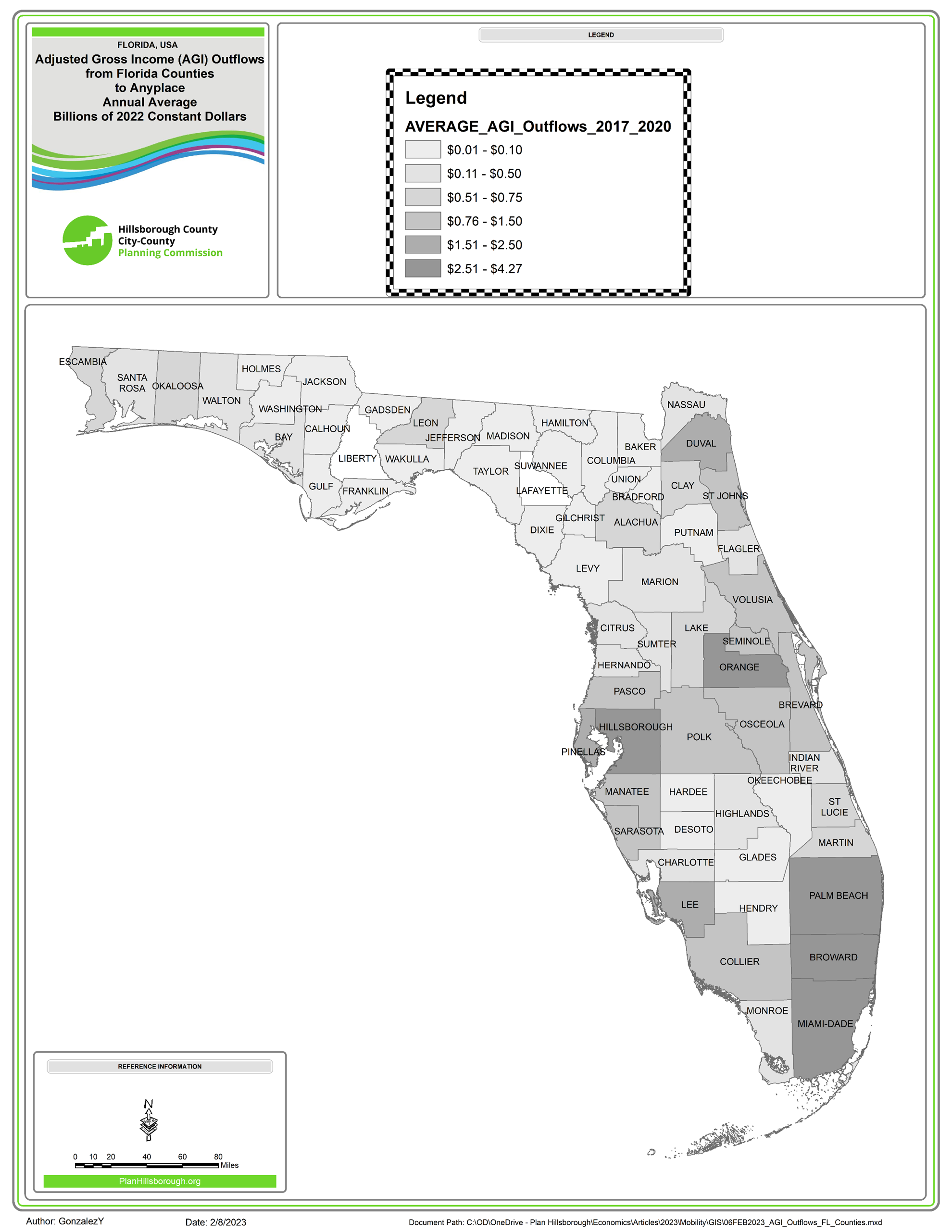 Map shows counties in Florida.  It also indicates how much AGI is leaving that county to move elsewhere.  Hillsborough and Pinellas Counties are losing over $1.51 billion per year.
