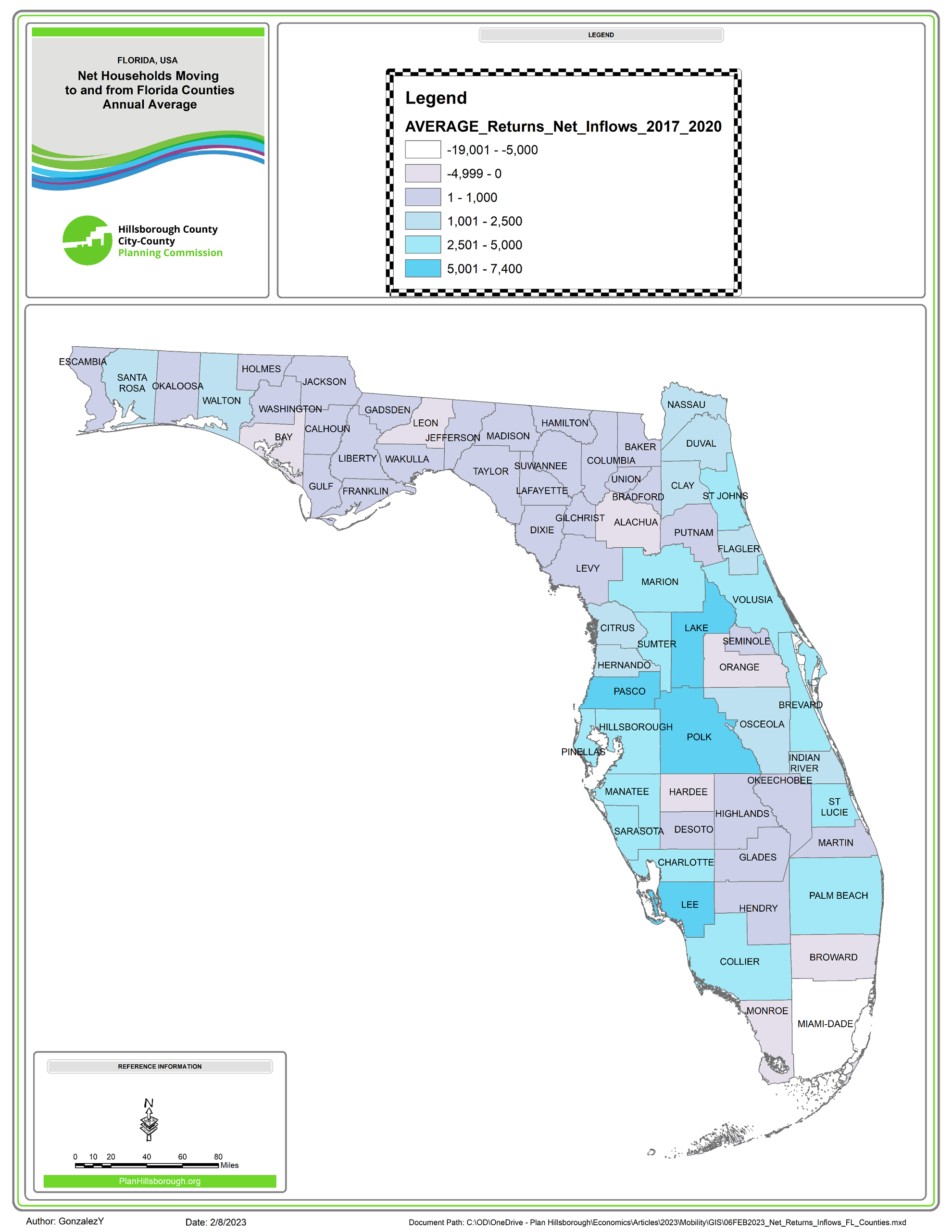 Map shows Florida Counties. Map also shows net new households by county. Pasco and Polk receive over 5,000 net new households per year.