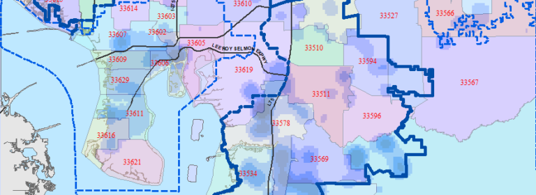 This map shows Hillsborough County ZIP Codes. It also shows kernel density of new residents per acre that arrived from 2010 through 2020. Darker blue areas denote more new residents per acre. Most new residents moved to Tampa, Plant City and the Unincorporated Hillsborough County's Utility Service Areas.