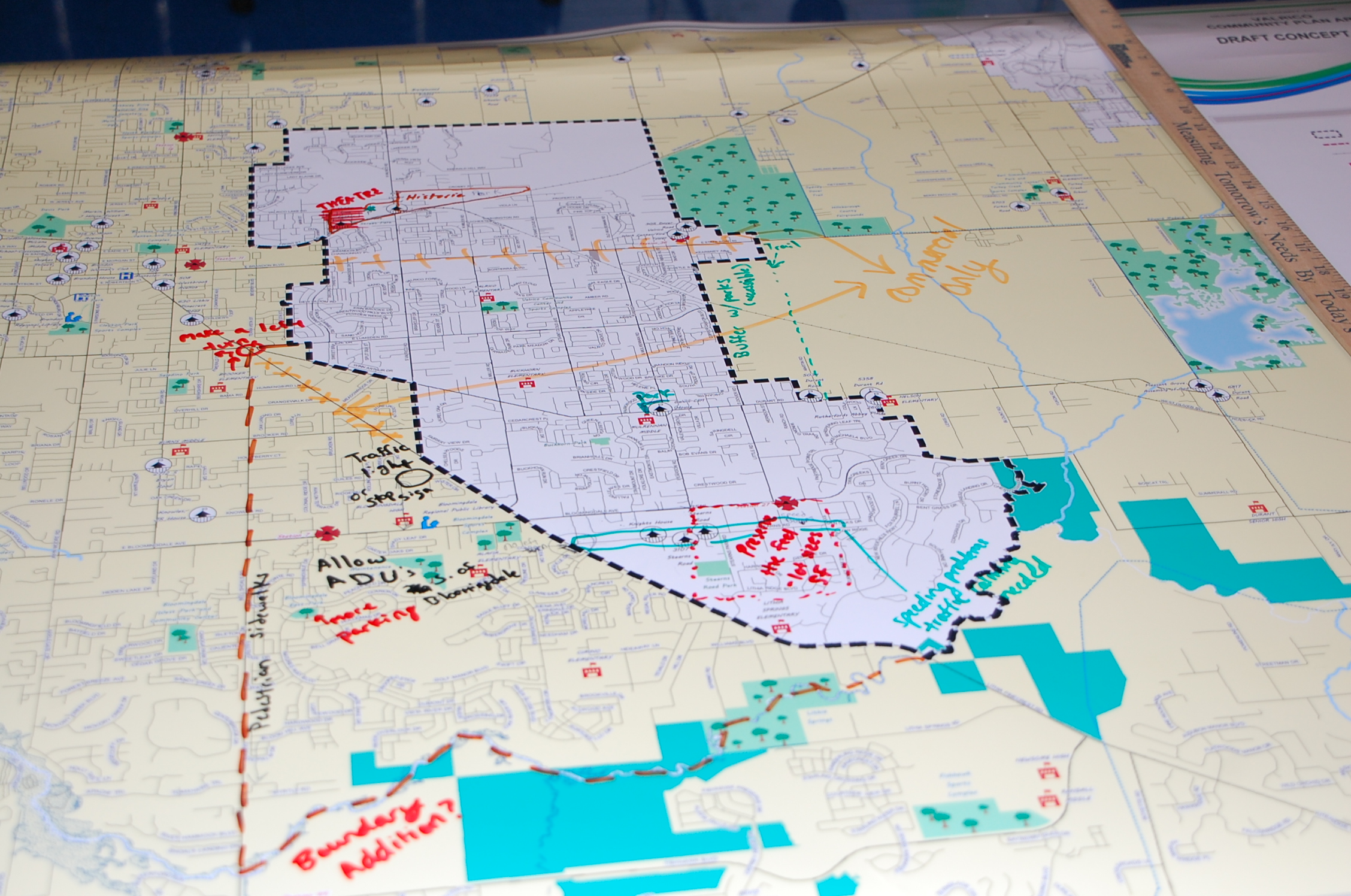 A printed map of the Valrico Community Plan boundary with additional notes added with marker.