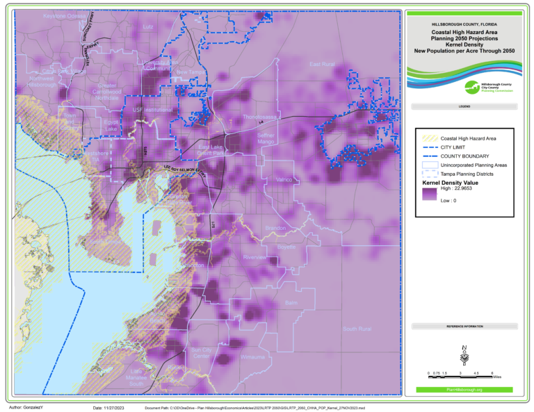 This map shows new resident per acre through 2050 for Hillsborough County. The map shows Tampa's planning districts, UHC's unincorporated planning areas, and the coastal high hazard area (hatched). Darker purple areas denote a higher number of new residents per acre through 2050.