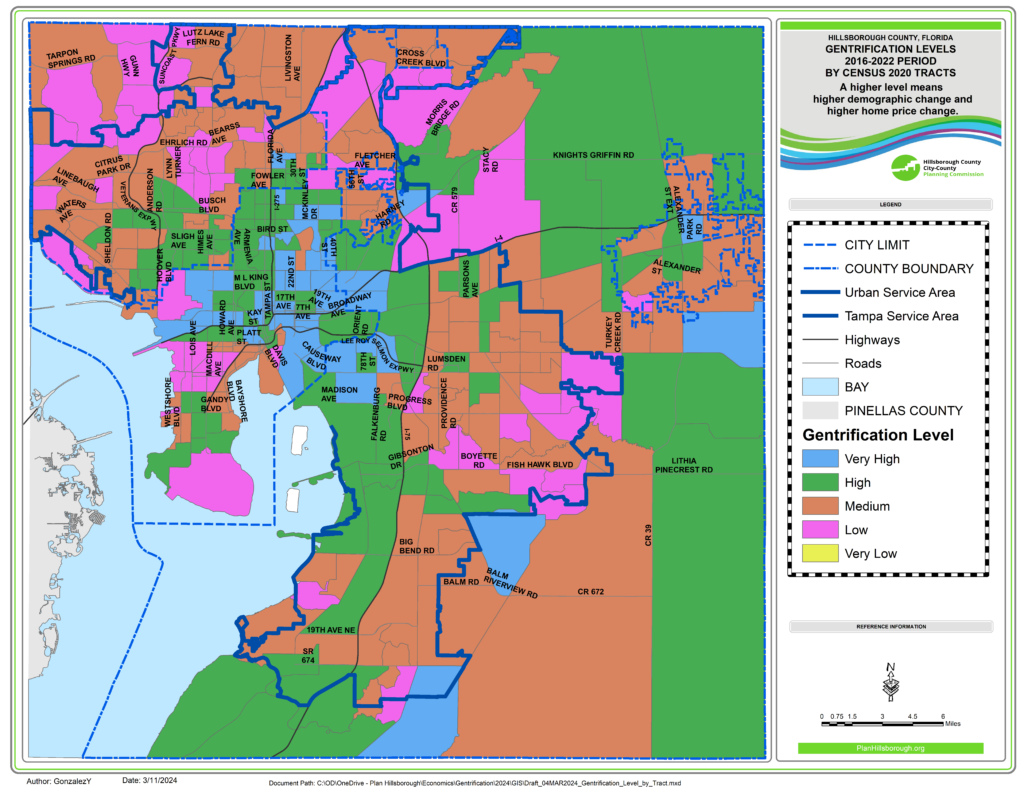 This map shows home price per square foot change by Census 2020 Tract. In the period 2016-2022, 149 tracts (44% of total) have "High" or "Very High" gentrification. Most of these tracts are located in Tampa and The South Central Service Area. Some Tracts are located in Plant City and rural eastern Hillsborough County.